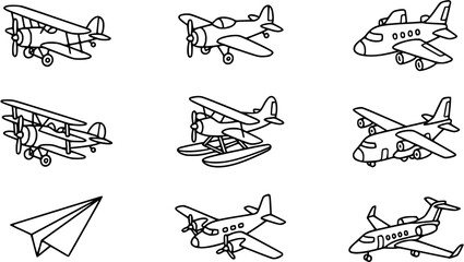 Aviation Airplanes and Aircraft Black  White Line Art Vector Set. Collection of Various Plane Types including Biplanes, Seaplanes, Jetliners, and Paper Plane Outlines. © amara