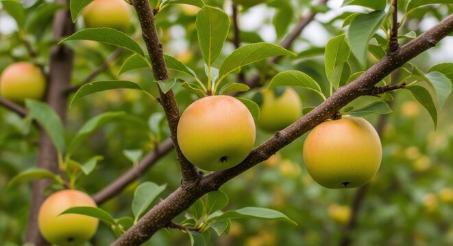 A tree branch with several apples, one of which is yellow and the others are green, against a blurred background.