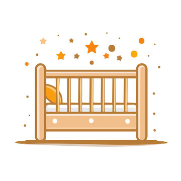 Flat design illustration of a baby crib with stars and moon