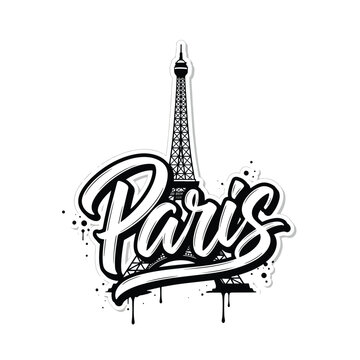 Black and white Eiffel Tower Paris typography sticker illustration.