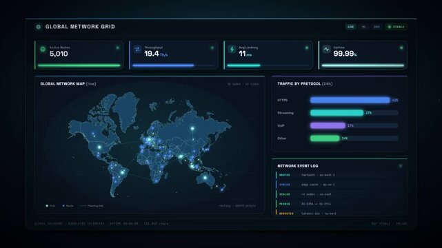 Global network grid interface visualizing world map connection and live data traffic