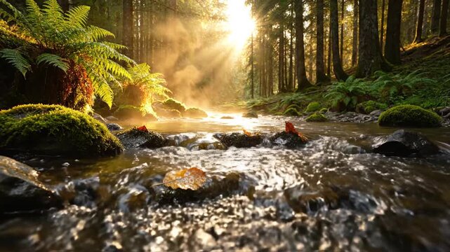 Clear mountain stream flowing through woods at sunrise.