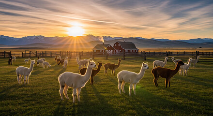 Fototapeta premium Alpacas grazing in a green field at sunset.