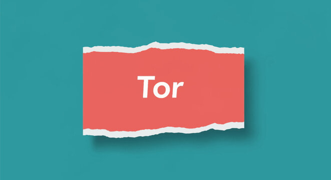 Ripped salmon paper banner with jagged white deckle edges and Tor text in sans-serif font, centered on a dark teal background with a soft drop shadow for depth and realism.