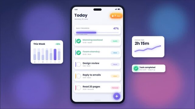 Daily task management app on a smartphone with to do list and progress tracking chart