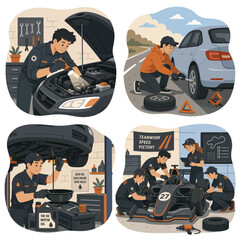Naklejka premium Collage of Auto Mechanics Working on Cars in Different Settings, Including a Garage and a Racetrack Pit Stop.