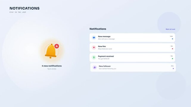 Notification bell icon with badge counter and alert message list on a clean app interface