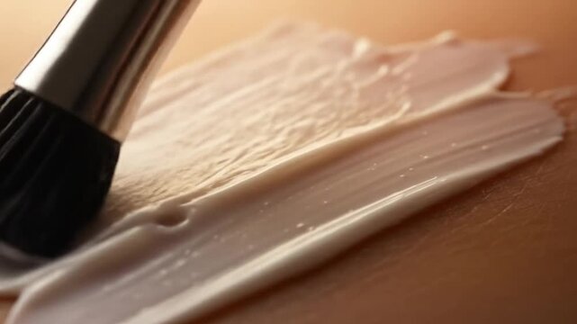 Close up of a makeup brush applying foundation on skin.