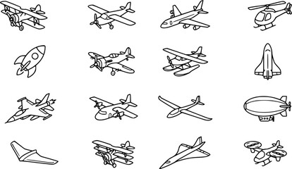 Black and White Line Art Aviation Icons. Hand-drawn Doodle Set of Aircraft, Planes, Helicopters, Rockets, Shuttles, and Airships for Transportation. © mahren