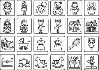 Fototapeta premium Children's Toys and Dolls Line Art Icon Collection: Black and White Glyphs for Playtime, Nursery, and Childhood Themes