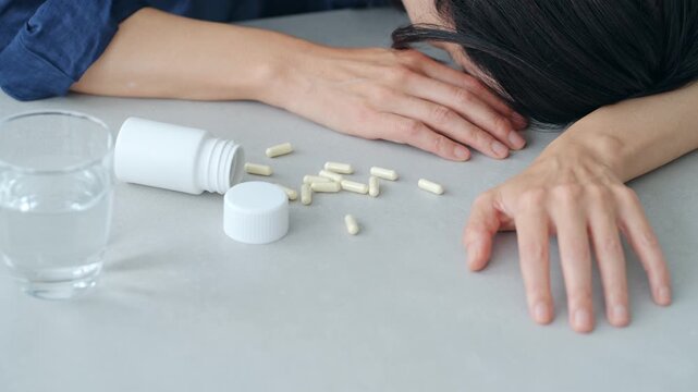 大量の薬を飲んで倒れる女性