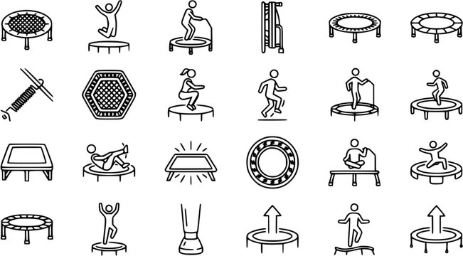 Black and White Line Art Icons of Trampolines and People Jumping, Fitness Equipment Vector Set