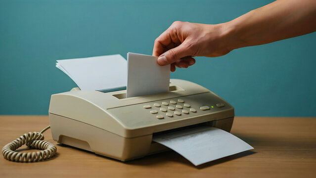 Retro fax machine with paper and hand inserting document for office communication concept