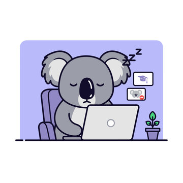 Cute Koala Sleeping While Working on Laptop.