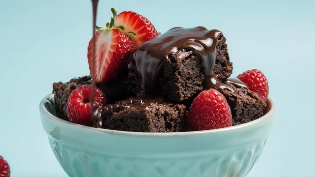 Rich chocolate brownies served in a matte pastel pink bowl topped with mixed berries. strawberries, blueberries, raspberries, and blackberries. glossy chocolate sauce slowly pouring
