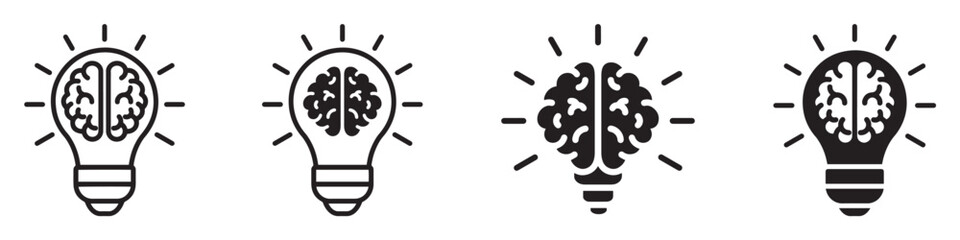 Brain in light bulb icon set. Idea, creative, generating idea, solution, knowledge, lamp vector collection. Creativity and innovation symbol. © AI Creatives