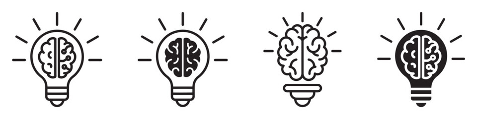 Brain in light bulb icon set. Idea, creative, generating idea, solution, knowledge, lamp vector collection. Creativity and innovation symbol. © AI Creatives