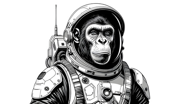 Determined chimpanzee astronaut in a detailed space suit and helmet, isolated on transparent background.