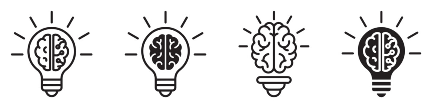 Brain in light bulb icon set. Idea, creative, generating idea, solution, knowledge, lamp vector collection. Creativity and innovation symbol.