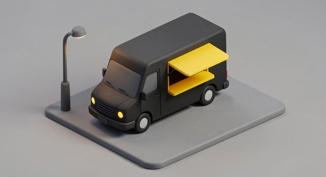 Isometric Modern Matte Black Food Truck Illustration