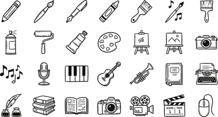 Hand drawn art music and literature creative hobby doodle line icons set featuring painting writing and musical instrument vector illustration © creative zone