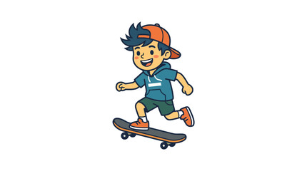 Fototapeta premium Happy boy riding a skateboard, cartoon style, active lifestyle, outdoor fun
