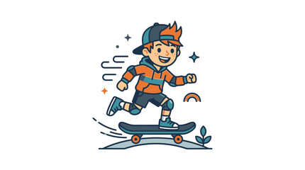 Fototapeta premium Happy Boy Riding Skateboard, Cartoon Style, Outdoor Activity, Summer Fun