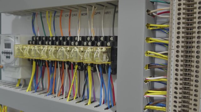 Electrical Control Panel with Yellow Relays and Colorful Wiring