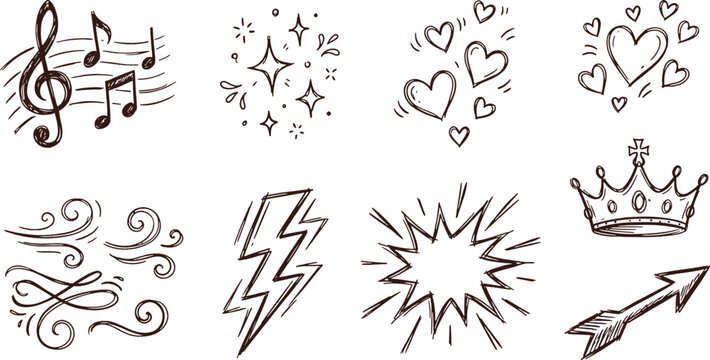 Hand drawn decorative doodle icons set with music notes stars romantic hearts swirls crown lightning bolt and arrow sketches vector illustration