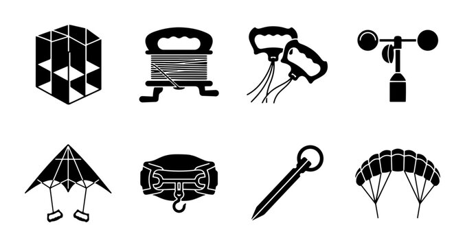 Kite Flying Equipment Icons: Wind Sock, Reel, Handles, Parachute, Kite, Aerometer, Kite String Spool, Kite Frame Vector Set