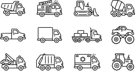 Transportation Vehicles Black and White Line Art Icons Set: Trucks, Construction, Emergency, and Agriculture Outline Glyphs © ilaalaa