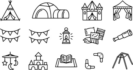 Children's Play Tent and Castle Line Art Icons - Indoor and Outdoor Fun © ilaalaa