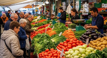 People shopping at a market stall with fresh vegetables and fruits, including tomatoes, carrots, and potatoes, in a bustling outdoor setting.