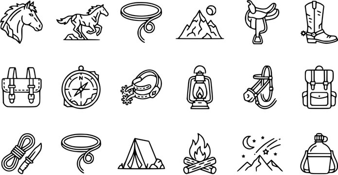 Black and White Line Art Icons of Western Cowboy and Camping Adventure Gear