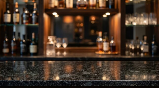 Empty polished bar counter with blurred liquor bottles background.
