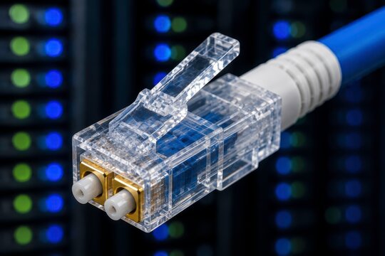 Close-up macro photograph of a clear, transparent Fiber oftical Fiber LC (Lucent Connector) connector with a optical fiber cable