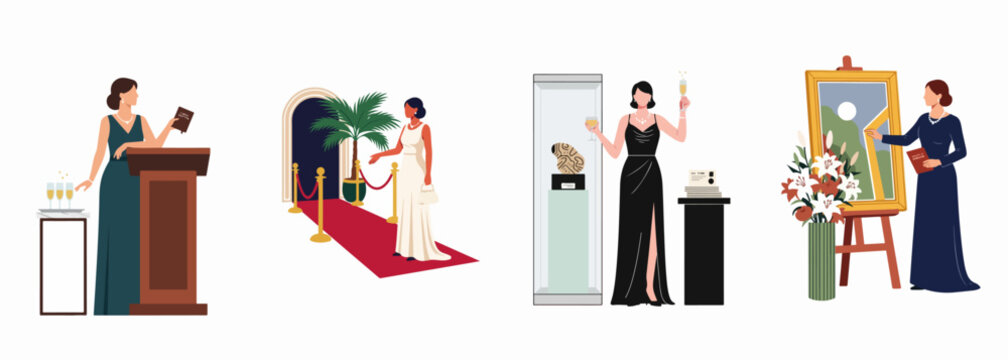Set of Elegant Women in Evening Gowns Attending Luxury Events such as Red Carpet Premieres, Art Gallery Openings, and High-End Gala Receptions.