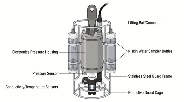 Scientific moisture detection sensor instrument for underwater data collection and water sampling within a protective steel guard frame
