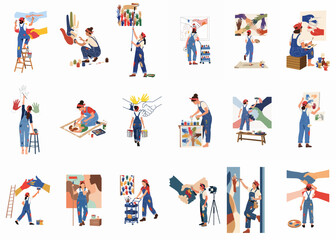 Fototapeta premium Set of eighteen illustrations showing a female artist in overalls creating murals and artworks depicting unity, diversity, and handshakes for social justice themes.