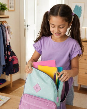 A cheerful elementary school girl packing colorful notebooks, pencils, and school supplies into her backpack in a bright bedroom before the first day of school.