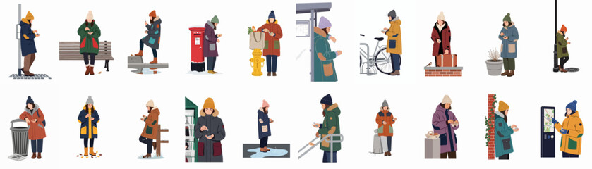 Large set of character illustrations featuring women in warm winter parkas and hats in various urban and street settings. © Pat