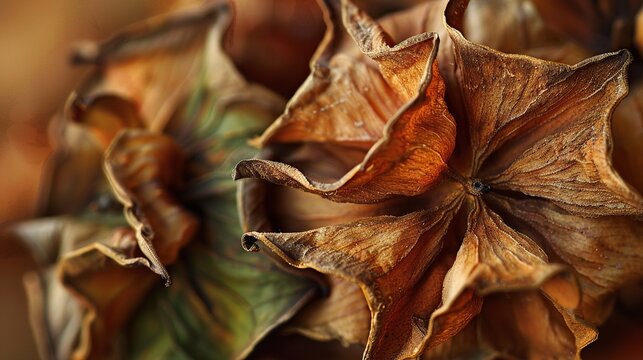 Dried persimmon calyx star-shaped lobes close up