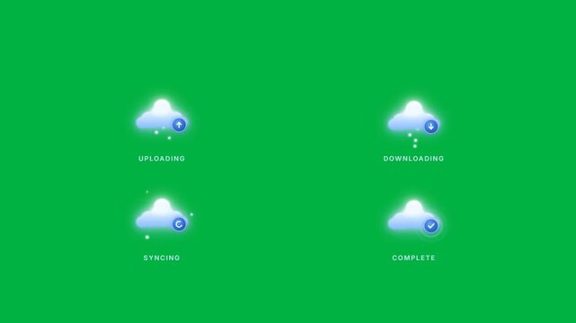 Cloud computing icon set with upload download sync and complete status on green screen