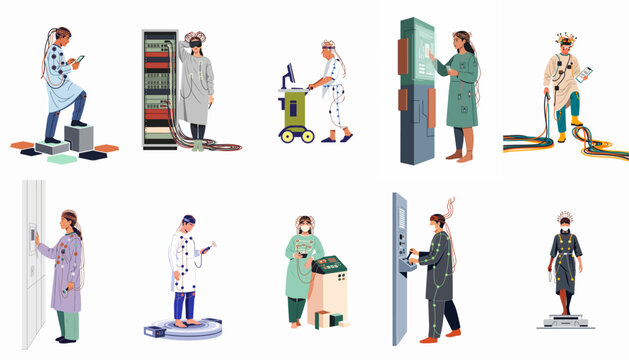 Collection of diverse people interacting with futuristic neurotechnology, brain-computer interfaces, and medical research equipment in a modern flat vector illustration style.