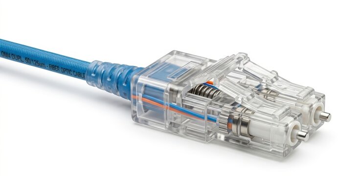 Studio macro photograph of a transparent LC fiber optic connector attached to a blue optical cable, isolated on pure white background