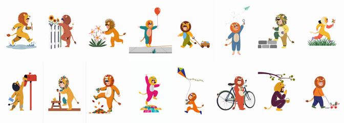 Fototapeta premium Collection of diverse illustrations featuring a young child in a lion costume enjoying a variety of playful outdoor activities and imaginative adventures.