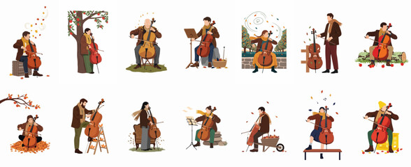 Set of fourteen flat illustrations depicting diverse musicians playing the cello outdoors during the autumn season with trees and falling leaves. © Lhymo
