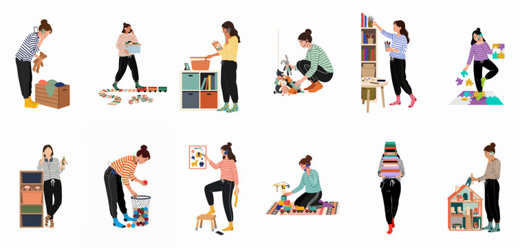 Illustration set of a busy multitasking mother juggling housework, childcare, and phone calls in a flat cartoon style on a white background.
