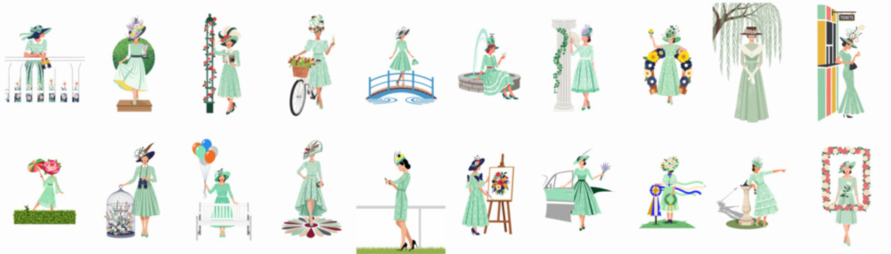 Set of elegant illustrations depicting a woman in light green vintage attire and fancy hats participating in various high-society social and sporting events.