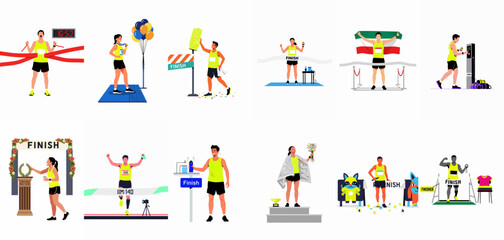 Fototapeta premium Set of flat vector illustrations depicting various scenes of runners crossing the finish line and celebrating after a marathon or competitive race.